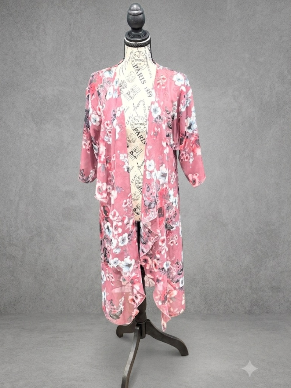 LuLaRoe Shirley Kimono Duster Small Pink Floral Sheer Open Front Cardigan Boho